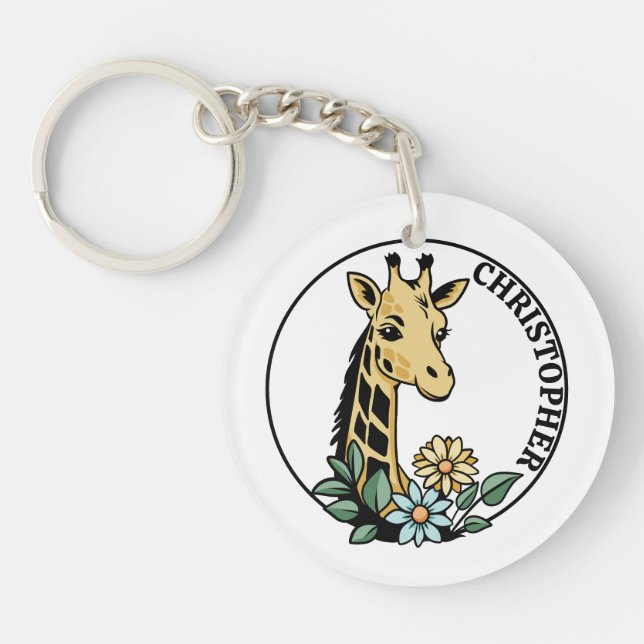 Giraffe And Flowers Custom Name Keychain (Front)