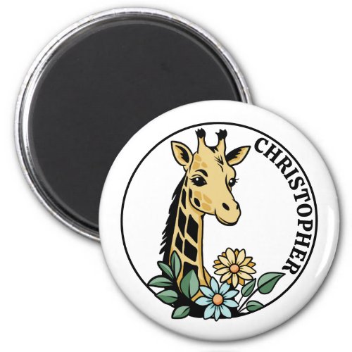 Giraffe And Flowers Custom Name Magnet