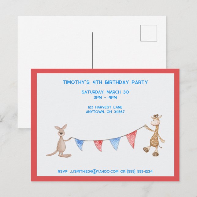 Giraffe and Kangaroo Customizable Birthday Party Invitation Postcard (Front/Back)