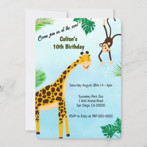Giraffe and Monkey Safari or Zoo Party Invitation