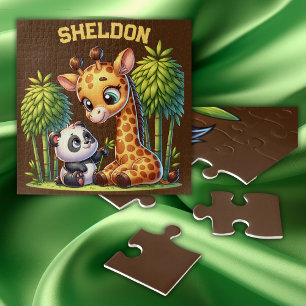 Giraffe and Panda Monogrammed Name   Jigsaw Puzzle