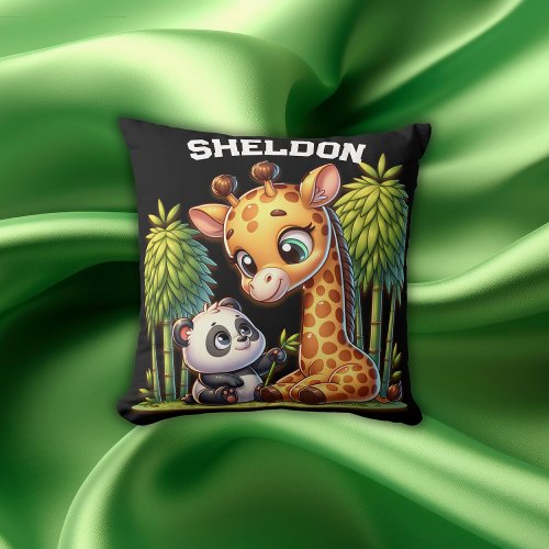 Giraffe and Panda Monogrammed Name  Throw Pillow