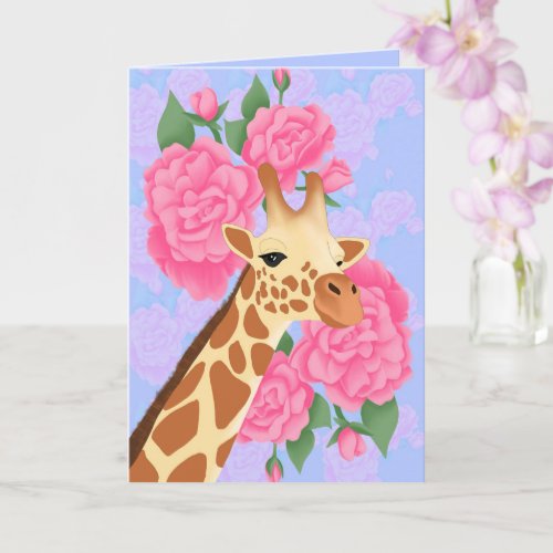 Giraffe and Pink Poenies Floral Greeting Card