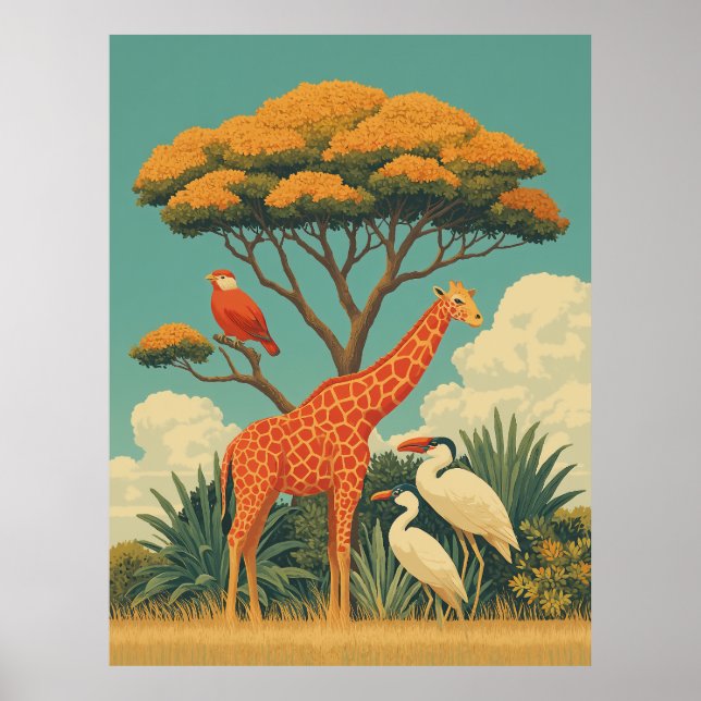 Giraffe and Safari Birds Poster (Front)