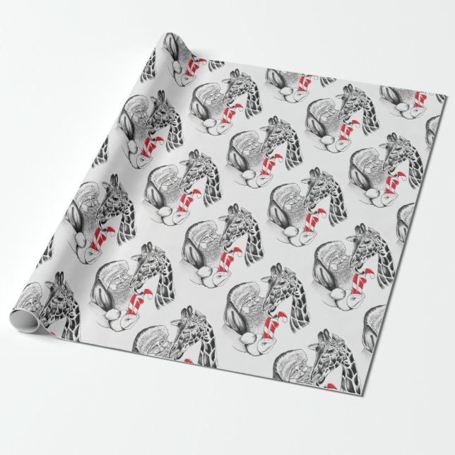 Giraffe and Santa Claus Christmas Wrapping Paper (Unrolled)