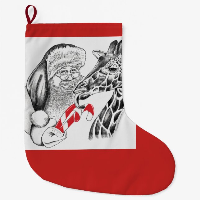 Giraffe and Santa Claus for Christmas Large Christmas Stocking (Front)