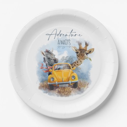 Giraffe and zebra travel in a yellow car paper plates