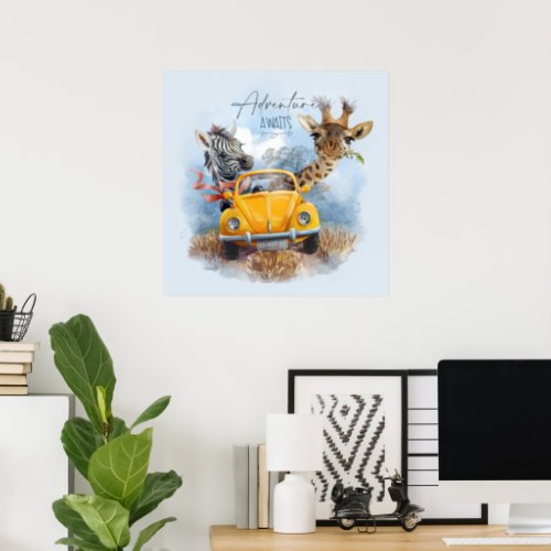 Giraffe and zebra travel in a yellow car poster
