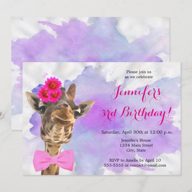 Giraffe animal jungle watercolor happy birthday invitation (Front/Back)