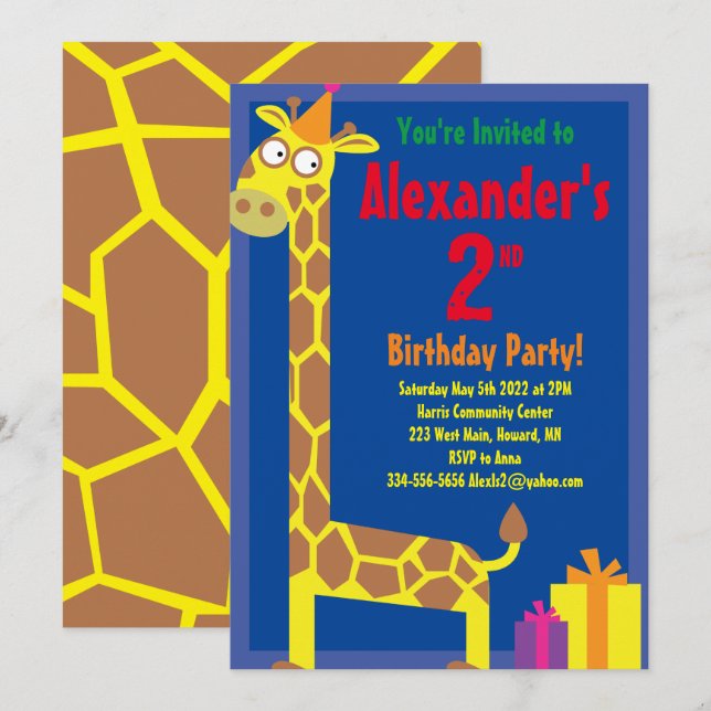 Giraffe Animal Kid's Birthday Party Invitations (Front/Back)