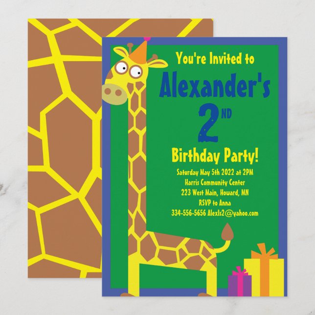 Giraffe Animal Kid's Birthday Party Invitations (Front/Back)
