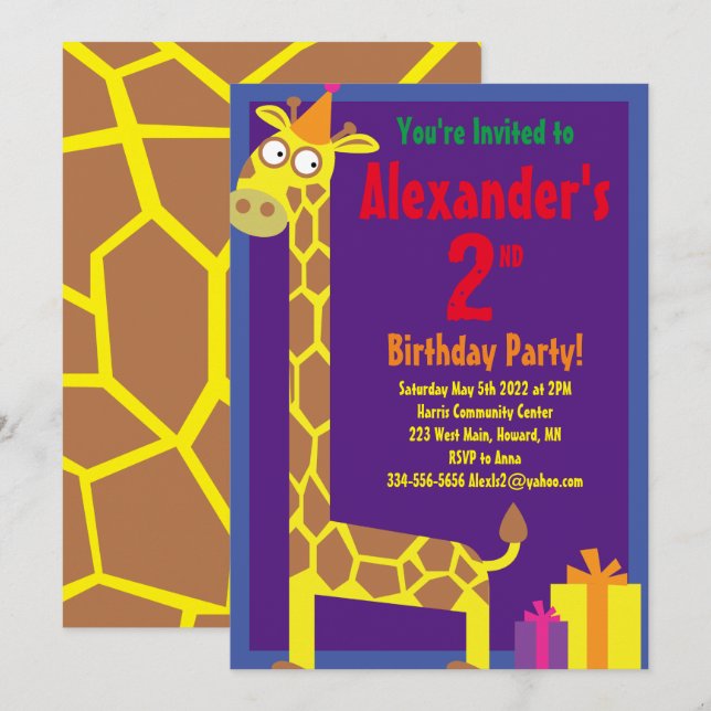 Giraffe Animal Kid's Birthday Party Invitations (Front/Back)
