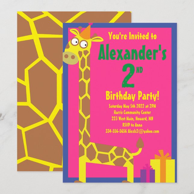 Giraffe Animal Kid's Birthday Party Invitations (Front/Back)