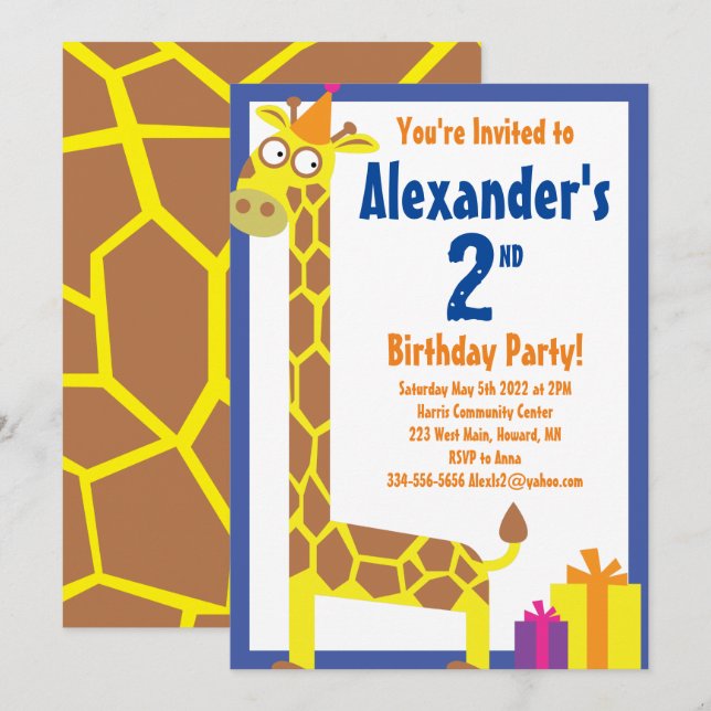Giraffe Animal Kid's Birthday Party Invitations (Front/Back)