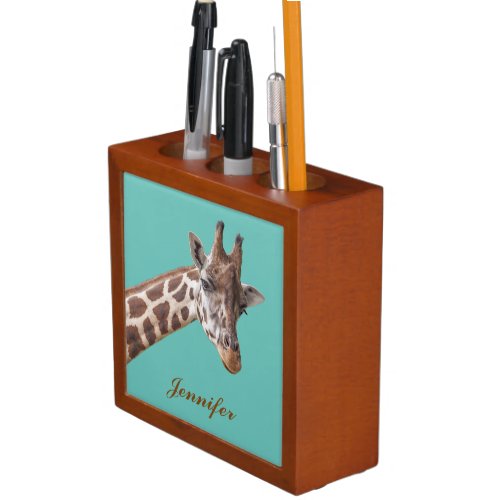 Giraffe Animal on Light Teal Personalized Name Desk Organizer