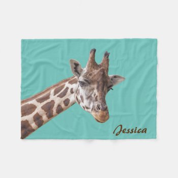 Giraffe Animal On Teal Personalized Name Fleece Blanket by stdjura at Zazzle