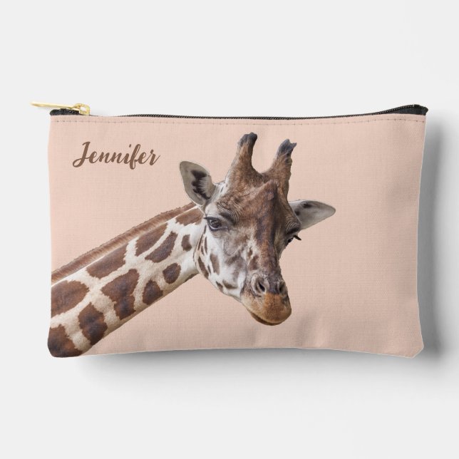 Giraffe Animal Portrait Photo Personalized Name Accessory Pouch (Front)