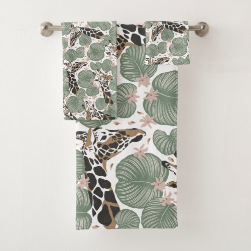Giraffe Animal Tropical Leaf Jungle Pattern Bath Towel Set