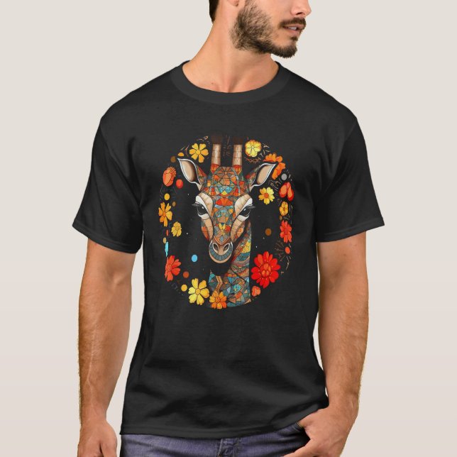 Giraffe Artwork Colourful Flowers Animals Motif Gi T-Shirt (Front)