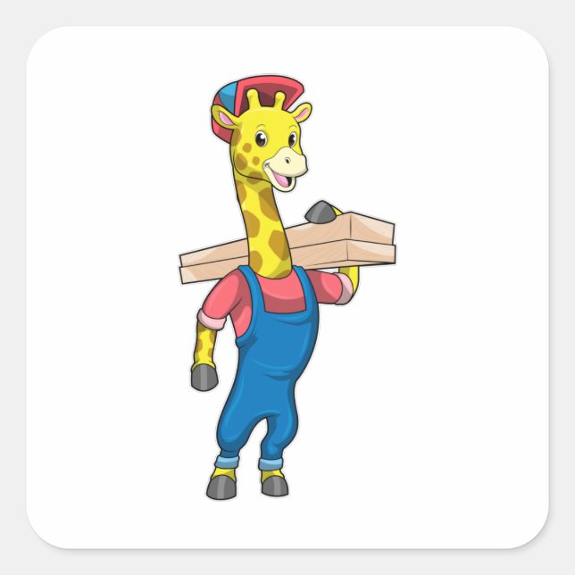 Giraffe as Carpenter with Wood Square Sticker (Front)