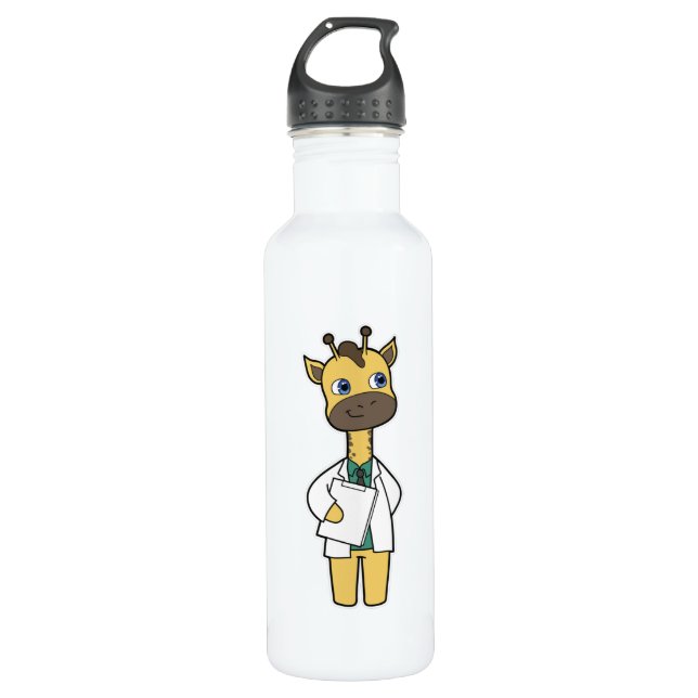 Giraffe as Doctor with Notepad Stainless Steel Water Bottle (Front)