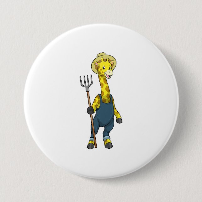 Giraffe as Farmer with Pitchfork Button (Front)