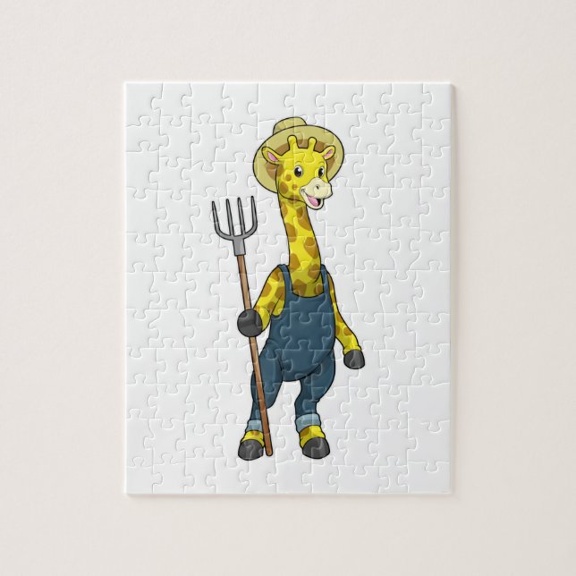Giraffe as Farmer with Pitchfork Jigsaw Puzzle (Vertical)