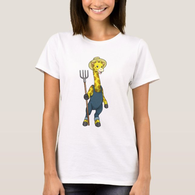 Giraffe as Farmer with Pitchfork T-Shirt (Front)