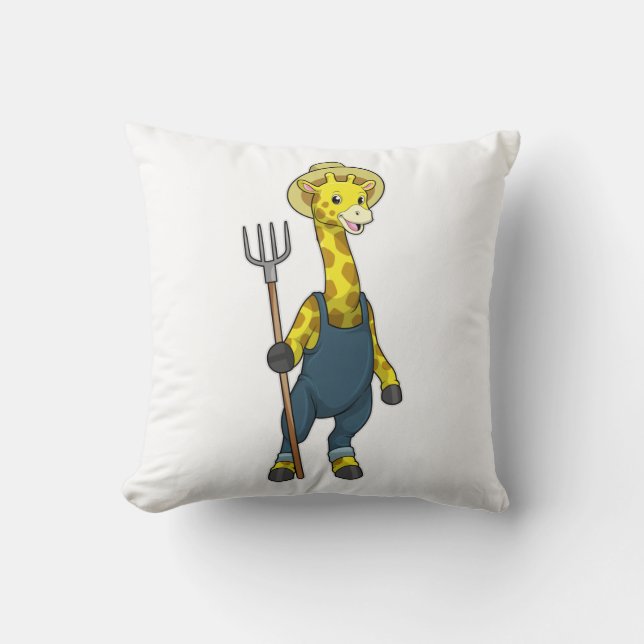 Giraffe as Farmer with Pitchfork Throw Pillow (Front)