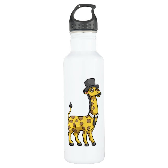 Giraffe as Gentleman with Hat, Tie and Mustache Stainless Steel Water Bottle (Front)