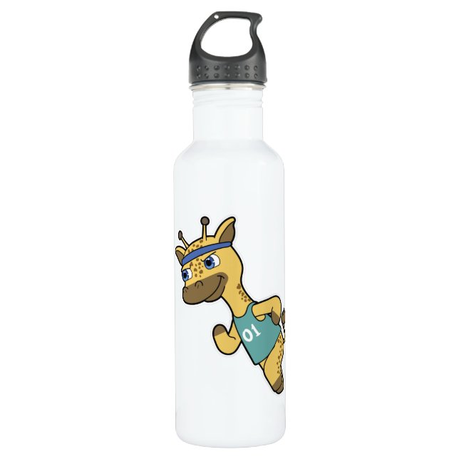 Giraffe as Jogger at Running with Headband Stainless Steel Water Bottle (Front)