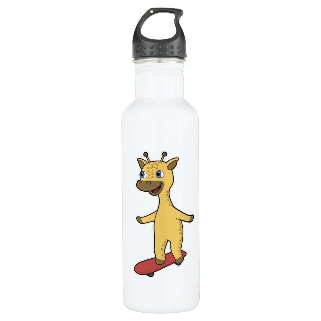 Giraffe as Skater with Skateboard Stainless Steel Water Bottle (Front)