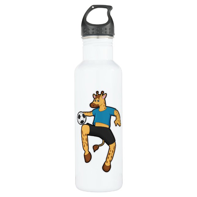 Giraffe as Soccer player with Soccer ball Stainless Steel Water Bottle (Front)