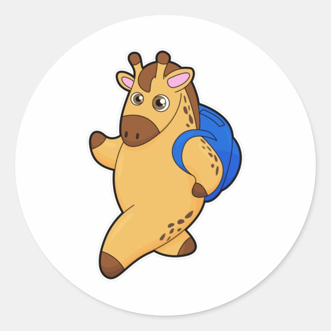 Giraffe as Student with Backpack Classic Round Sticker (Front)