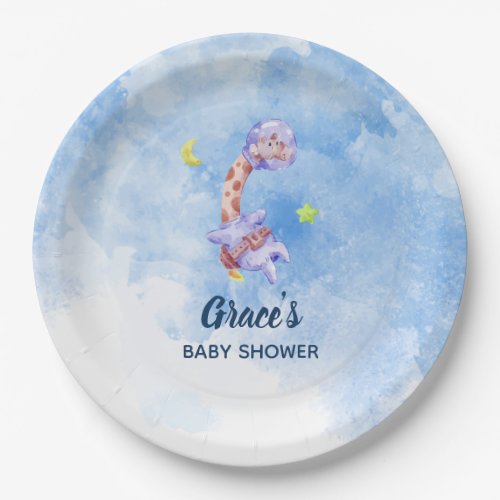 Giraffe Astronaut Blue Watercolor Boy Baby Shower Paper Plates