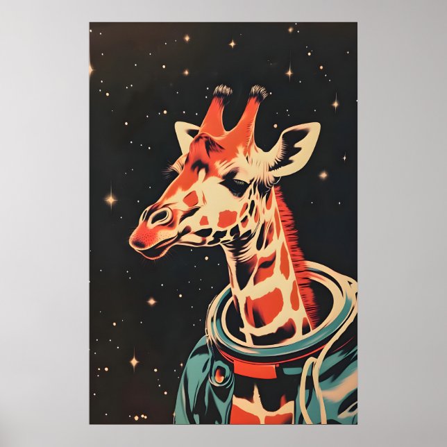 Giraffe Astronaut Poster, Giraffe Retro Print (Front)