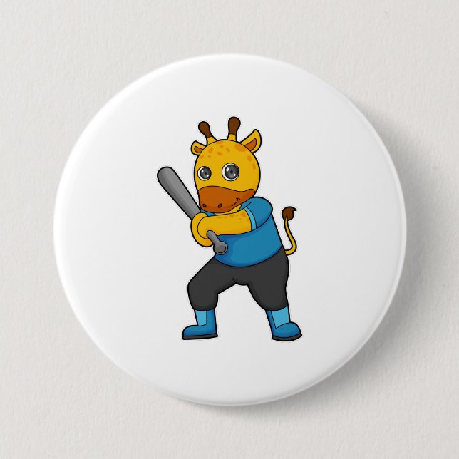 Giraffe at Baseball  with Baseball bat Button (Front)