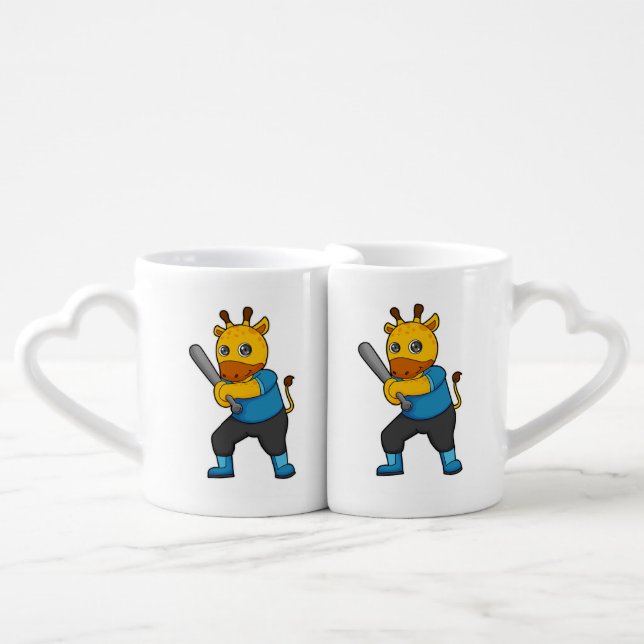 Giraffe at Baseball  with Baseball bat Coffee Mug Set (Front Nesting)