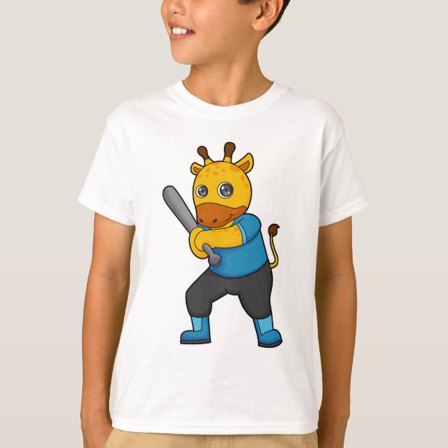 Giraffe at Baseball  with Baseball bat T-Shirt (Front)