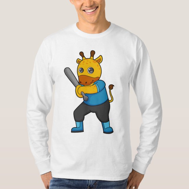 Giraffe at Baseball  with Baseball bat T-Shirt (Front)
