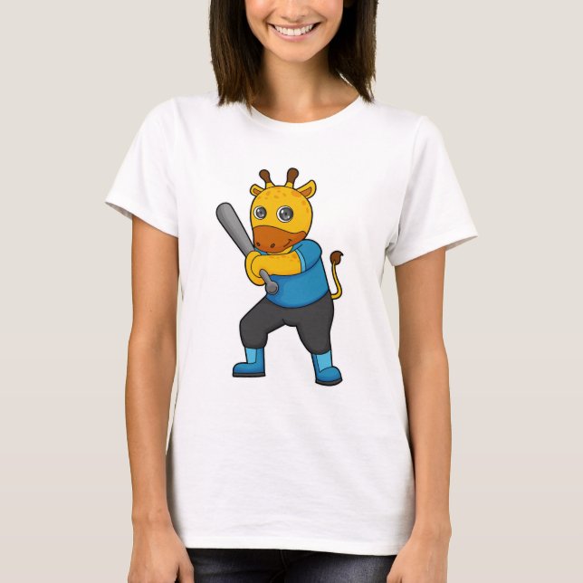Giraffe at Baseball  with Baseball bat T-Shirt (Front)