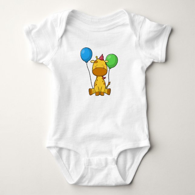 Giraffe at Birthday with Balloons Baby Bodysuit (Front)