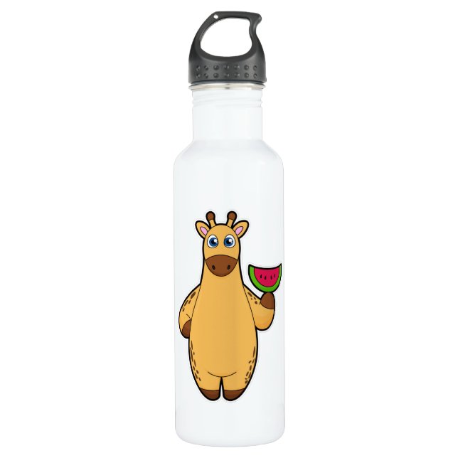 Giraffe at Eating with Watermelon Stainless Steel Water Bottle (Front)