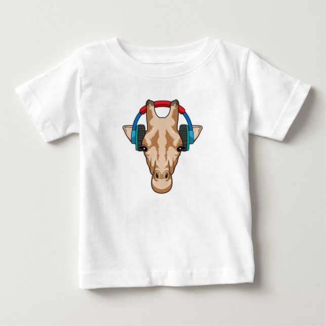 Giraffe at Music with Headphone Baby T-Shirt (Front)