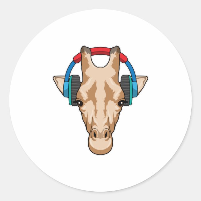 Giraffe at Music with Headphone Classic Round Sticker (Front)