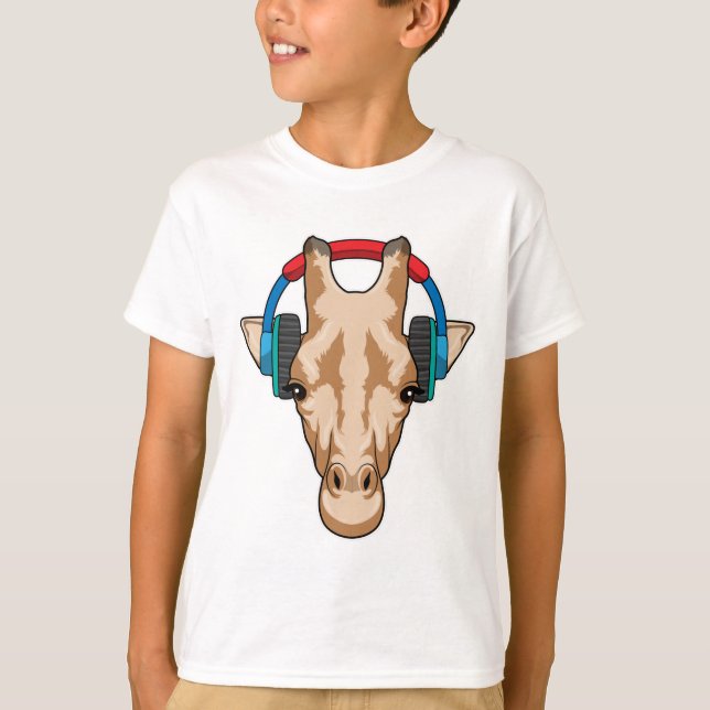 Giraffe at Music with Headphone T-Shirt (Front)