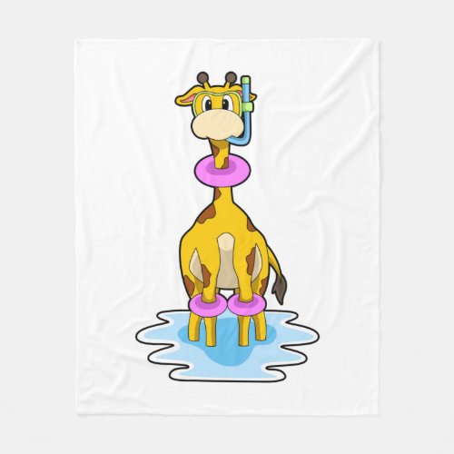 Giraffe at Swimming with Swim ring Fleece Blanket