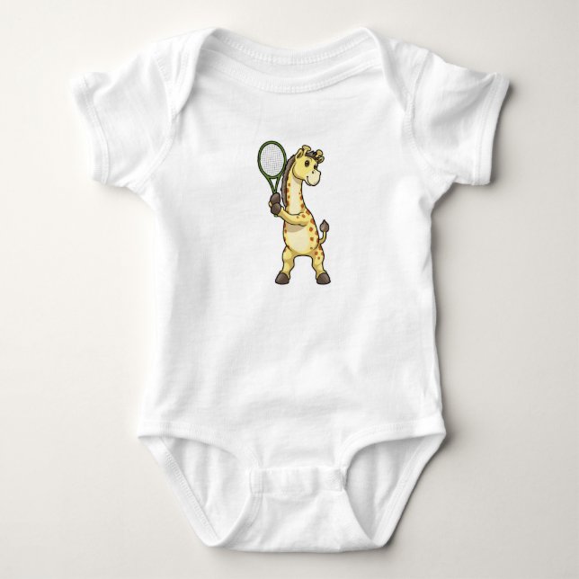 Giraffe at Tennis with Tennis racket Baby Bodysuit (Front)