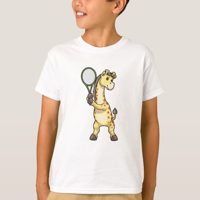 Giraffe at Tennis with Tennis racket T-Shirt (Front)