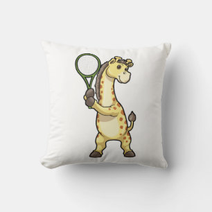 Giraffe at Tennis with Tennis racket Throw Pillow